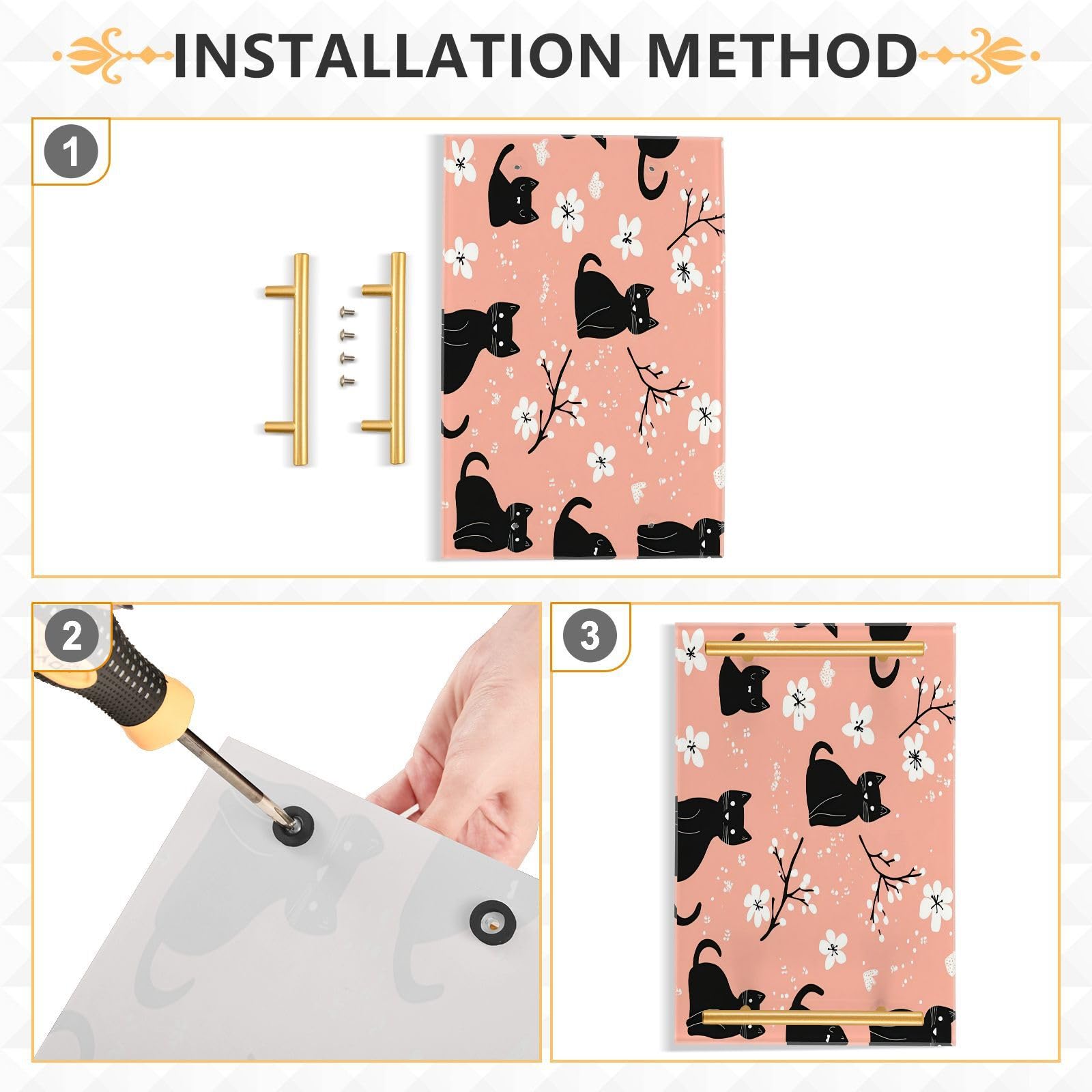 BOESI Doodle Black Cat and Flower Tray, Tray with Handles, Countertop Organizer, Decorative