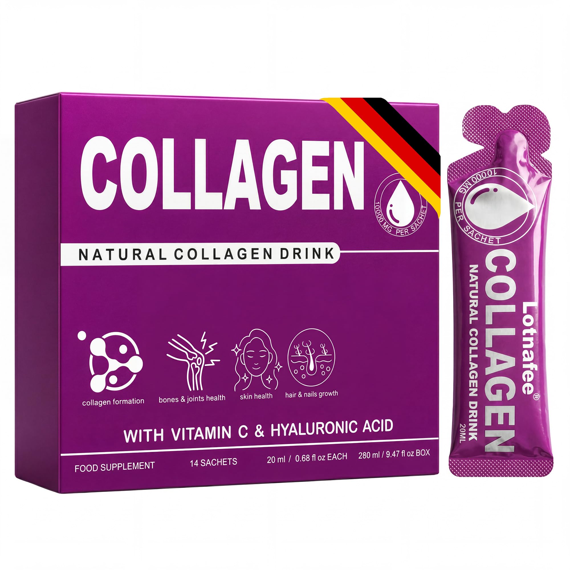 Kollagen Drink, 10.000mg Kollagen pro Flasche mit Vitamin C & Hyaluronsäure, 14 x 20ml In Beuteln zu trinken, Hydrolysierte Collagen Peptide Für Haare, Haut, Nägel und Gelenke, Mango