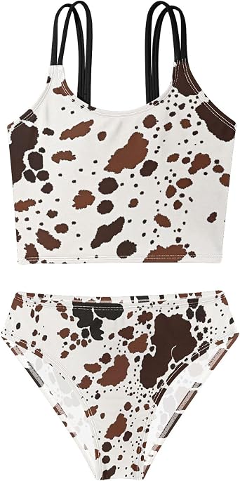 Burbuja Cow Skin Print Girls Bikini Set 2 Piece Swimsuit with Double Shoulder Straps Swimwear for Summer Beach, 5-12Y
