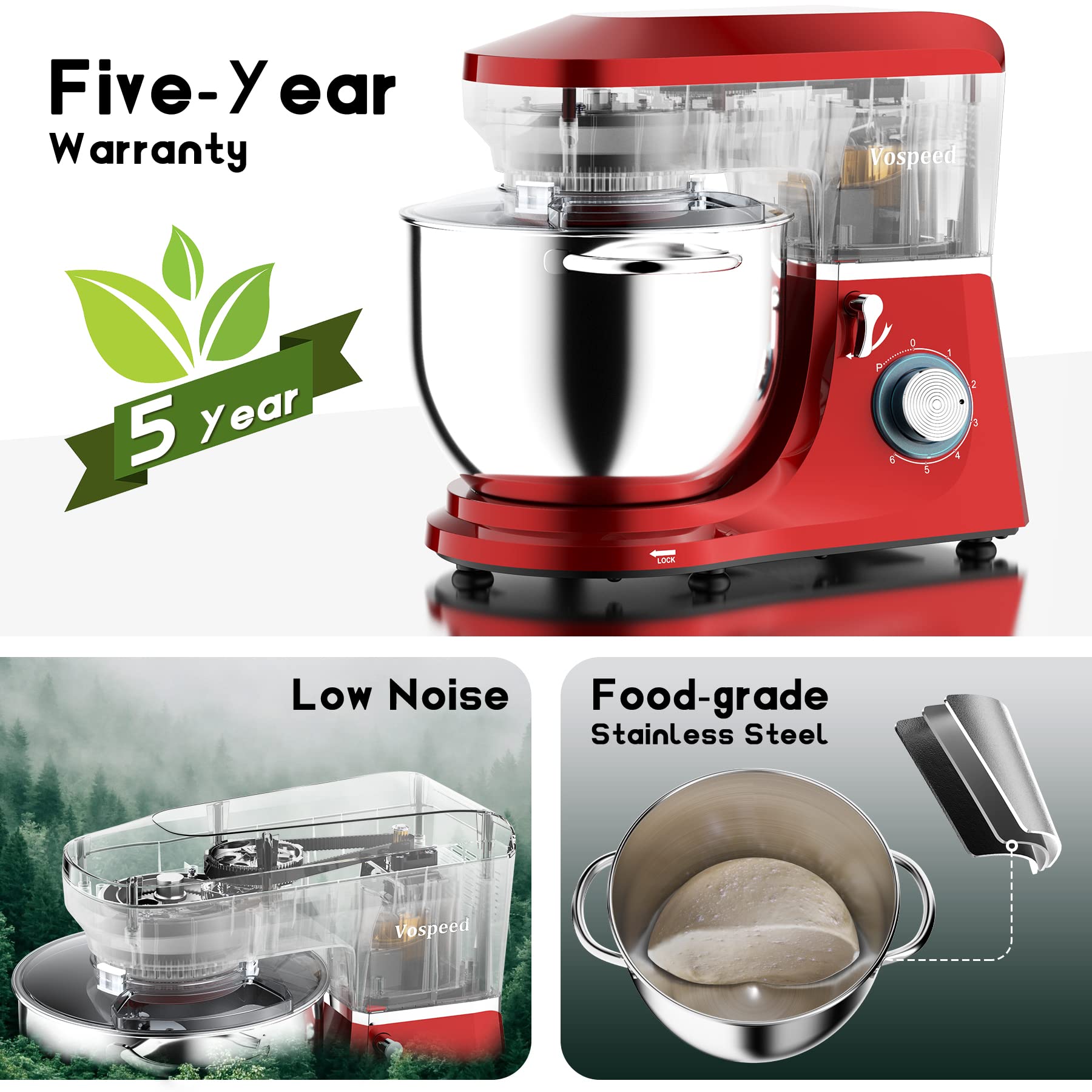 (Incomplete)Vospeed Stand Mixer, 7 QT 660W 6+P Speed Tilt-Head Kitchen Mixer, with Stainless Steel Mixing Bowl, Beater, Dough Hook, Whisk, for Household (Red)