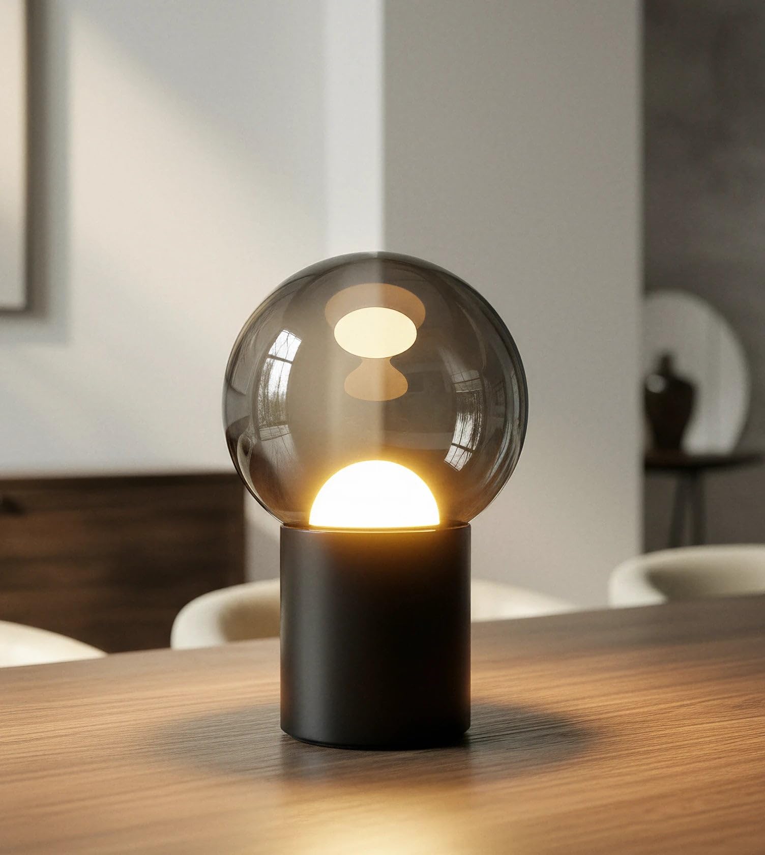 NEONA COSMO LED Tischleuchte kabellos Glas mit Akku – Dimmbare Tischlampe mit Glaskugel in Spiegeloptik, Touch-Sensor, 2 Farbtemperaturen 2200K–2700K, Aluminium, LED fest integriert, 3 Jahre Garantie