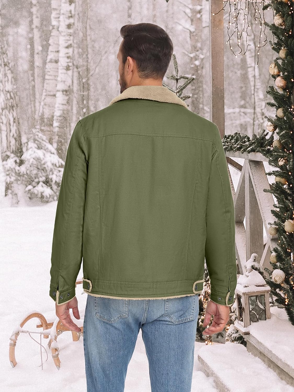 PEGENO Men's Cotton Cargo Jackets Winter Sherpa Lined Fleece Jackets Trucker Jacket