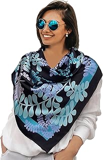 Designer Square Silk Scarf Hand Painted and Printed in Black and Turquoise Blue, Large Neckerchief, Head Shawl, Gift for Lady