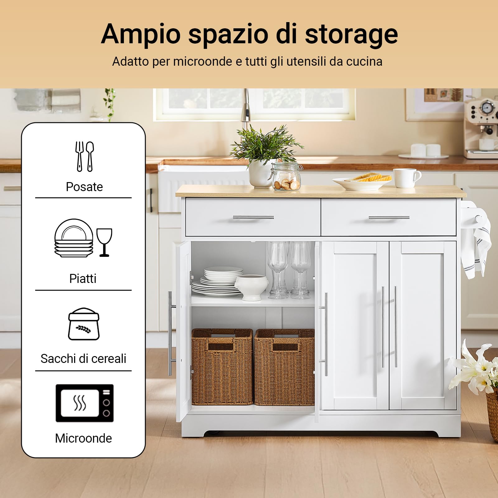 SoBuy Isola Cucina con Ruote, Tavolo Estensibile in Legno, Mobile Cucina con 2 Cassetti, Penisola Cucina Salvaspazio, Credenza Multifunzione per Piccole Cucine Bianco 113 x (44–69) x 91 cm FKW129-WN