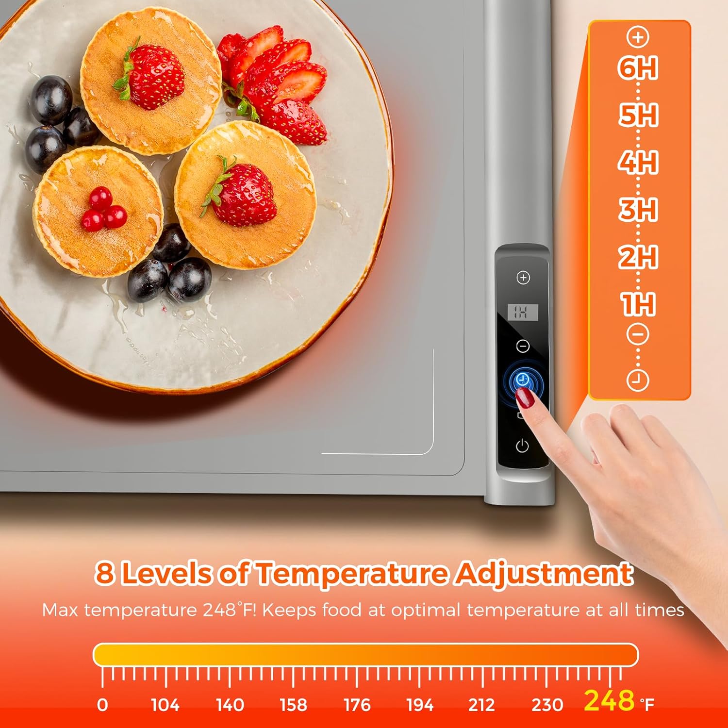 Food Warming Mat | Max Temp 248℉,Electric Warming Tray with Timer and 8-Level Adjustable,Fast Full-Surface Heating Mat for Food with Child Lock,Roll-Up & Portable Silicone Food Warmer for Buffet Party