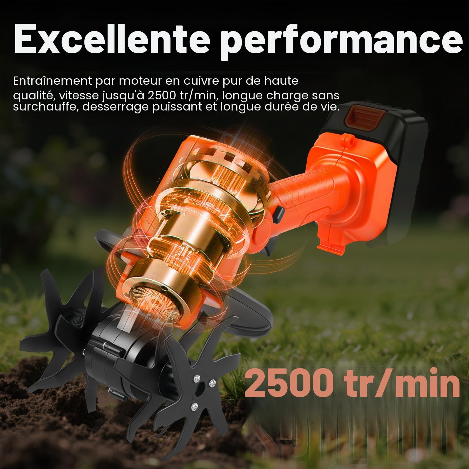 Cultivateur portable sans fil compatible avec batterie Makita 18 V (sans batterie), rotavateur de jardin de 550 W avec profondeur de traitement de 10 cm et largeur de traitement de 10 cm