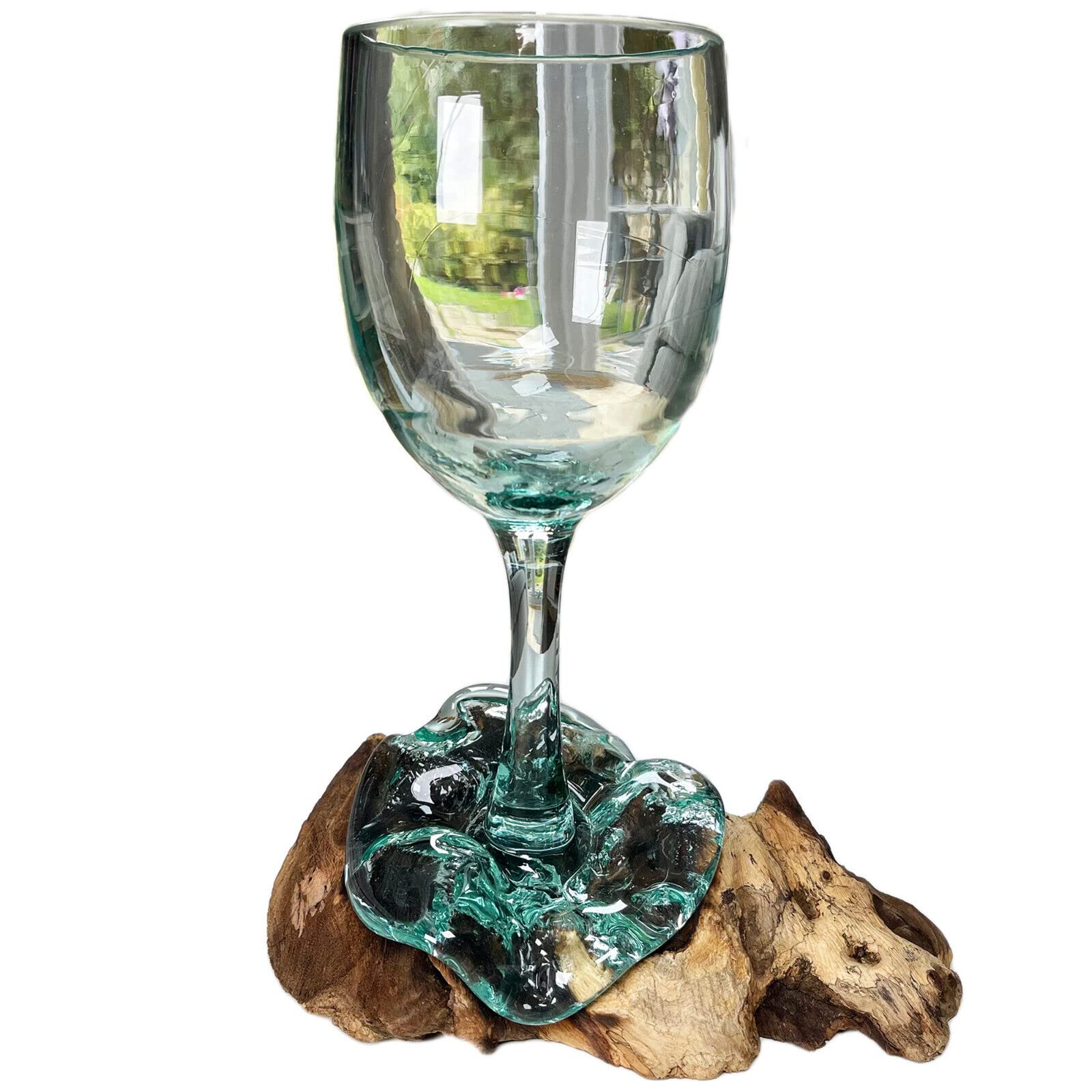 Molten Glass Wine Glass Teak Root Stand Goblet Drinking Stemmed Rustic Wood Base 23cm