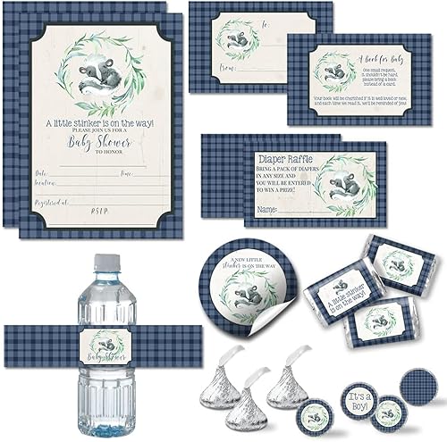 Amanda Creation Little Stinker Cute Skunk Boy Baby Shower Bundle incluye 20 invitaciones con sobres + 4 tamaños diferentes de calcomanías