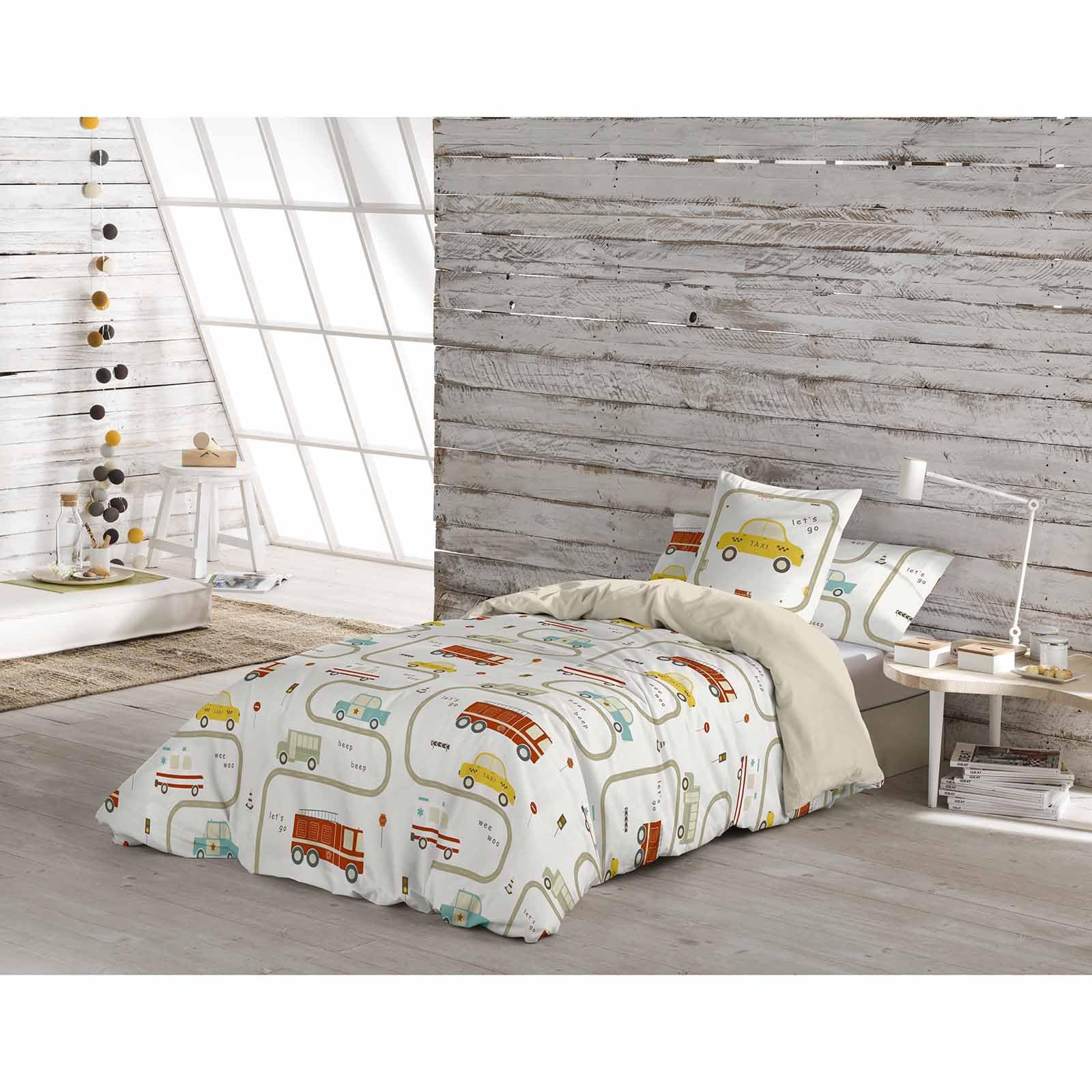 COOL KIDS Funda Nordica Cama 90, 100% Algodón, Juego de Funda para edredon 150x220 cm + 1 Funda de Almohada 45x110, GREM