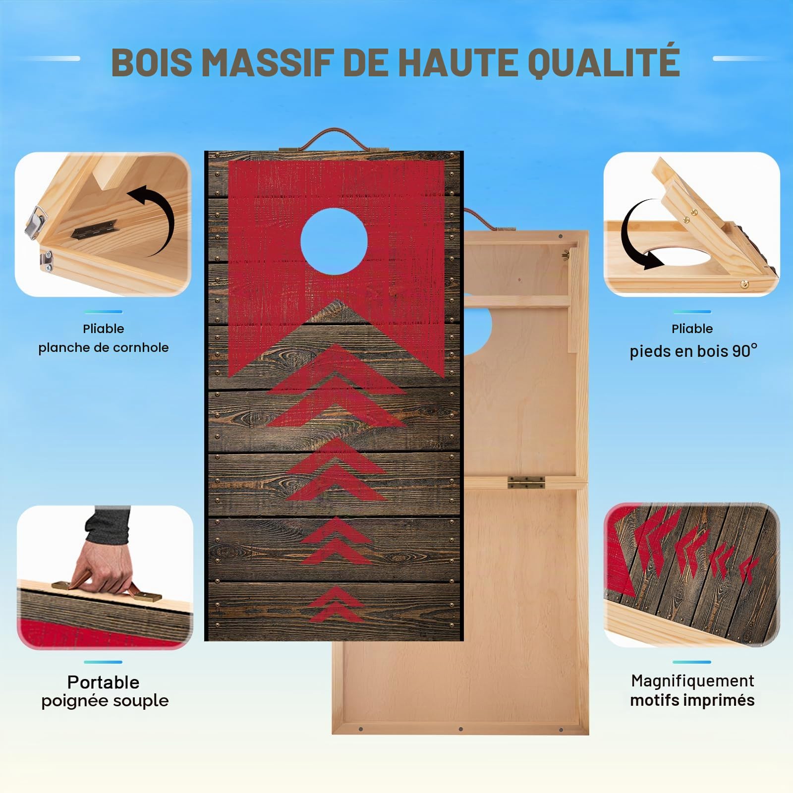 NZQXJXZ Cornhole Jeu Complet Pliable Sac Cornhole pour l'extérieur Jeux Extérieurs avec 6 Sacs de Haricots et Sac de Transport pour Les Enfants, Le Jardin, la Pelouse