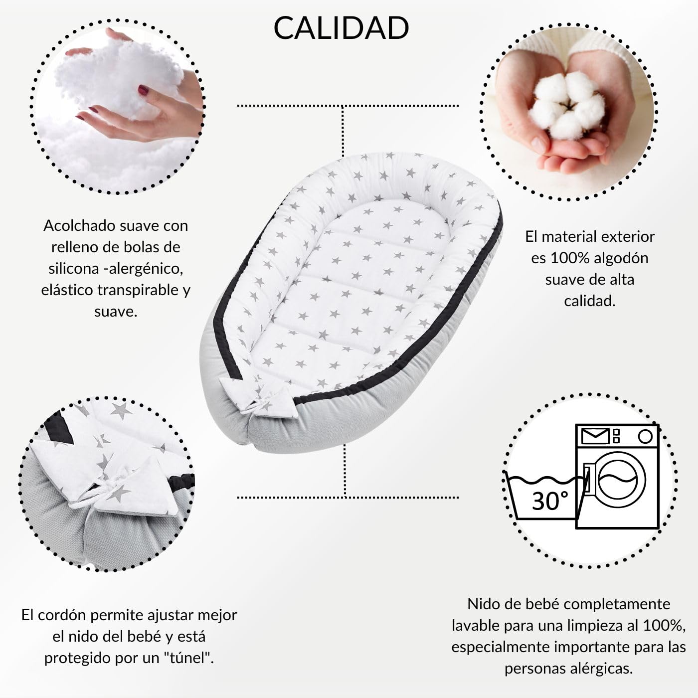 Bellochi Nido Bebe Recien Nacido, Reductor de Cuna Nido para Bebe - 100% Algodón - 90x60x12cm con Bordes Protectores - Nunki Star