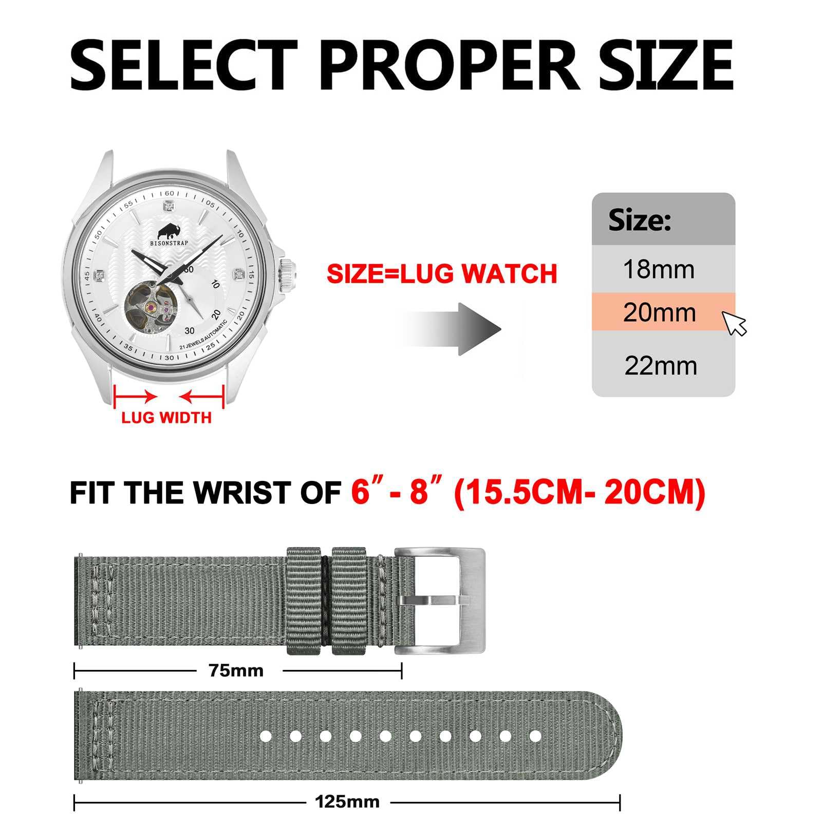 BISONSTRAP Cinturini in Nylon da Uomo, Cinturino per Orologi Militari, Sgancio Rapido, Fibbia Spazzolata, Larghezza Cinturino 18mm 19mm 20mm 22mm