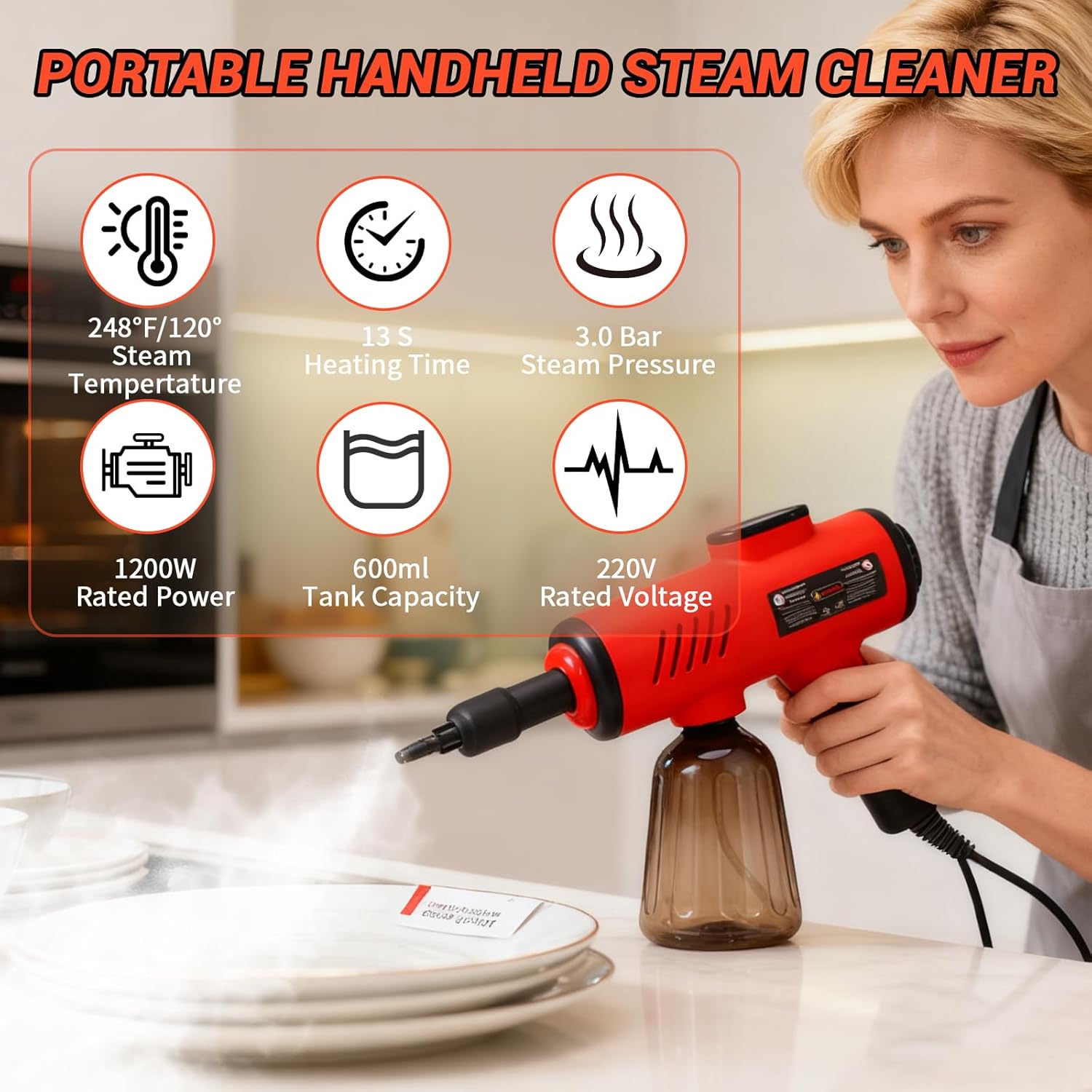 1200W Handheld Steam Cleaner 600 ml Capacity Portable High Pressure Steam Cleaner with 8 Accessories, Easy And Effortless Rapid Heating Steam Cleaner for Kitchen, Sofa, Car, Floors and Window