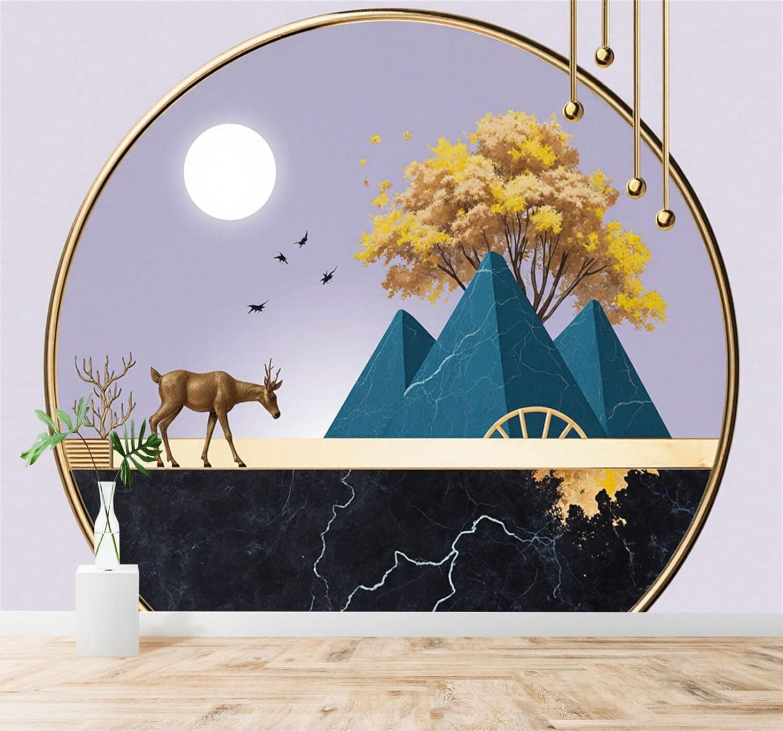 XLMING Moonlight Golden Deer Mountains Golden Trees Art 3D Wallpaper Silky Texture Home Study Office Grey Dining Room Sofa Bedroom Living Room TV Backdrop-150cm×105cm