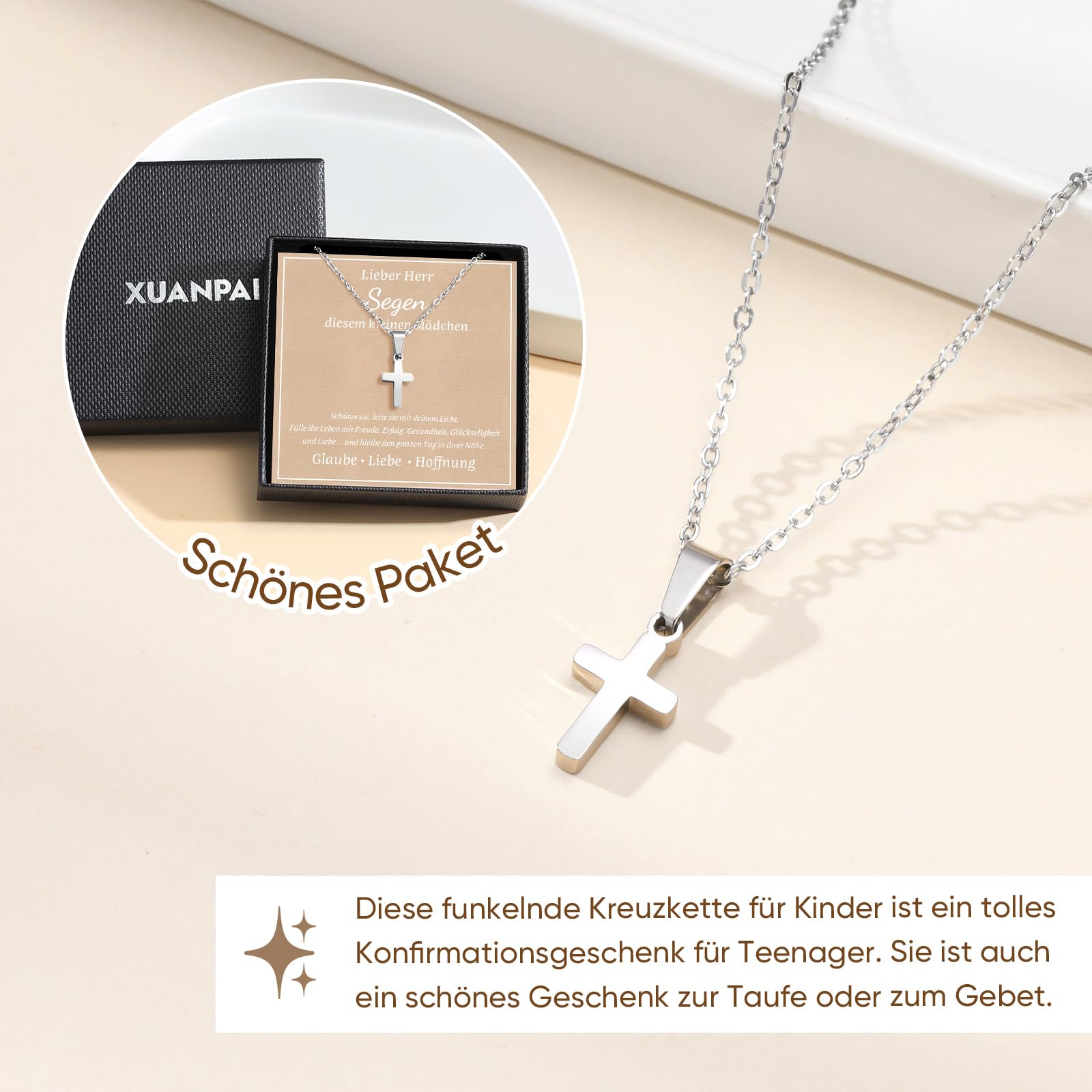 XUANPAI Cadena de cruz regalos para hijo hija collar - colgante de cruz para niños de acero inoxidable plata oro cadena de cruz regalos para adolescentes Navidad regalo de cumpleaños para niños niñas
