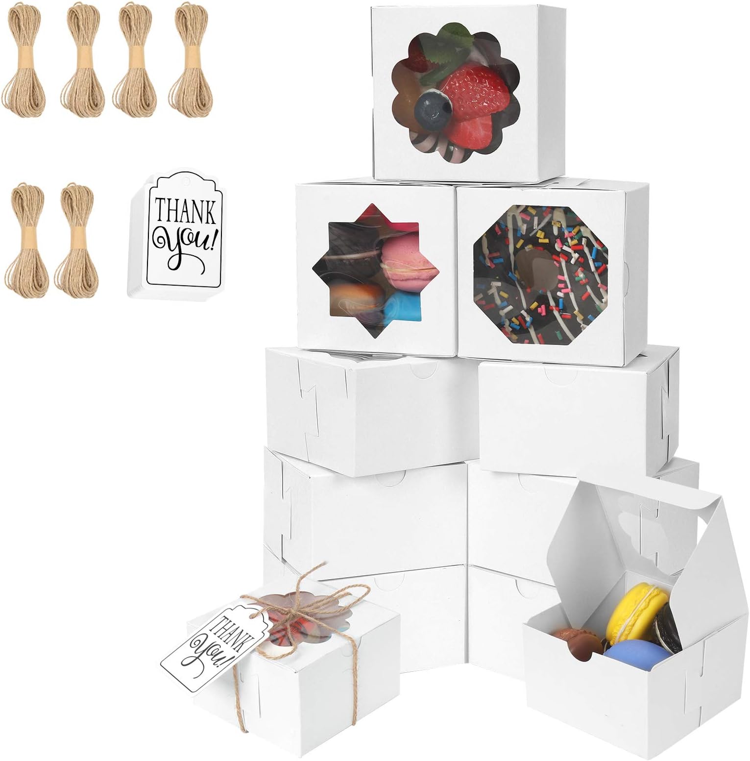 KPOSIYA 60 Pcs White Bakery Boxes with Window Individual Cupcake Boxes 4x4x2.5 Inches Cookie Boxes Kraft Paper White Gift Box for Pastries, Cookies, Pie, Donuts, Macaroon (60, White-3 Windows)