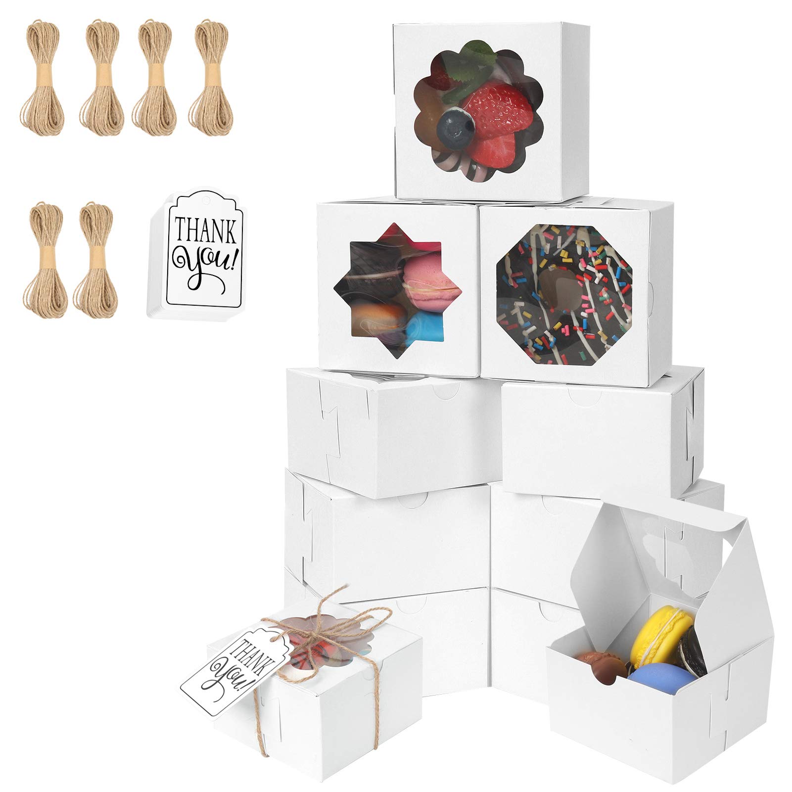 KPOSIYA 60 Pcs White Bakery Boxes with Window Individual Cupcake Boxes 4x4x2.5 Inches Cookie Boxes Kraft Paper White Gift Box for Pastries, Cookies, Pie, Donuts, Macaroon (60, White-3 Windows)