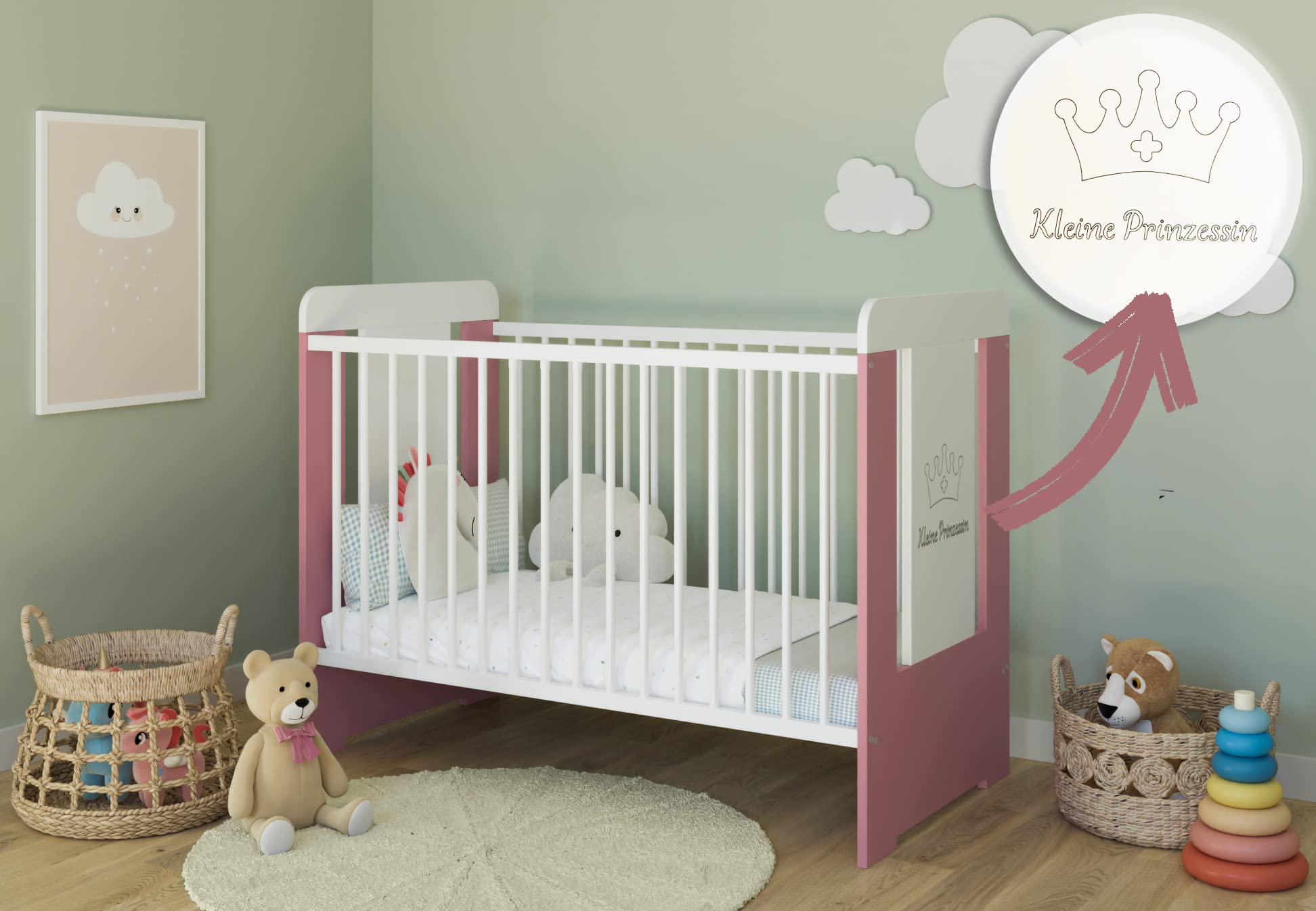 Kids Collective Babybett Gitterbett mit Kleine Prinzessin Gravur 60x120 höhenverstellbar | herausnehmbare Sprossen weiß pink Mädchen Made in Europe | von Geburt bis 3. Lebensjahr