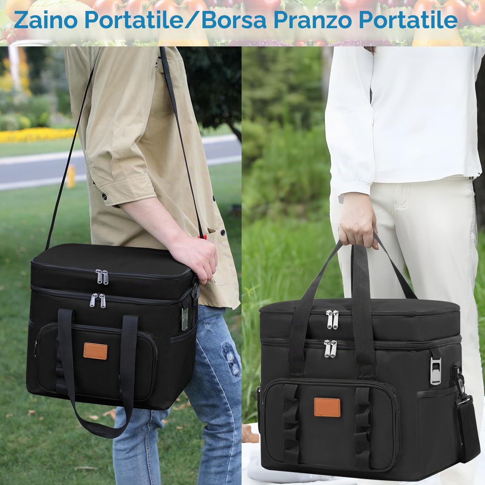 Borsa Termica Porta Pranzo 30.7L Doppio Frigo Grande con Tracolla Regolabile e Tasche Multiple per Picnic Campeggio Ufficio Nero