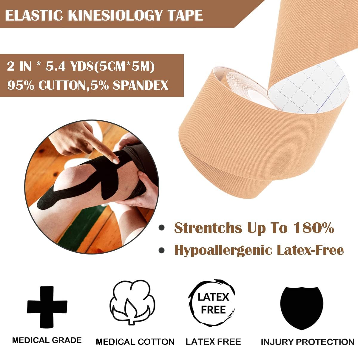 Scientific Cotton Rayon Fiber Kinesiology Tape, 16' Length x 2" Width,Latex-Free Athletic Tape Designed to Boost Athletic Performance, Reduce Muscle Pain, Ease Inflammation (Nude)