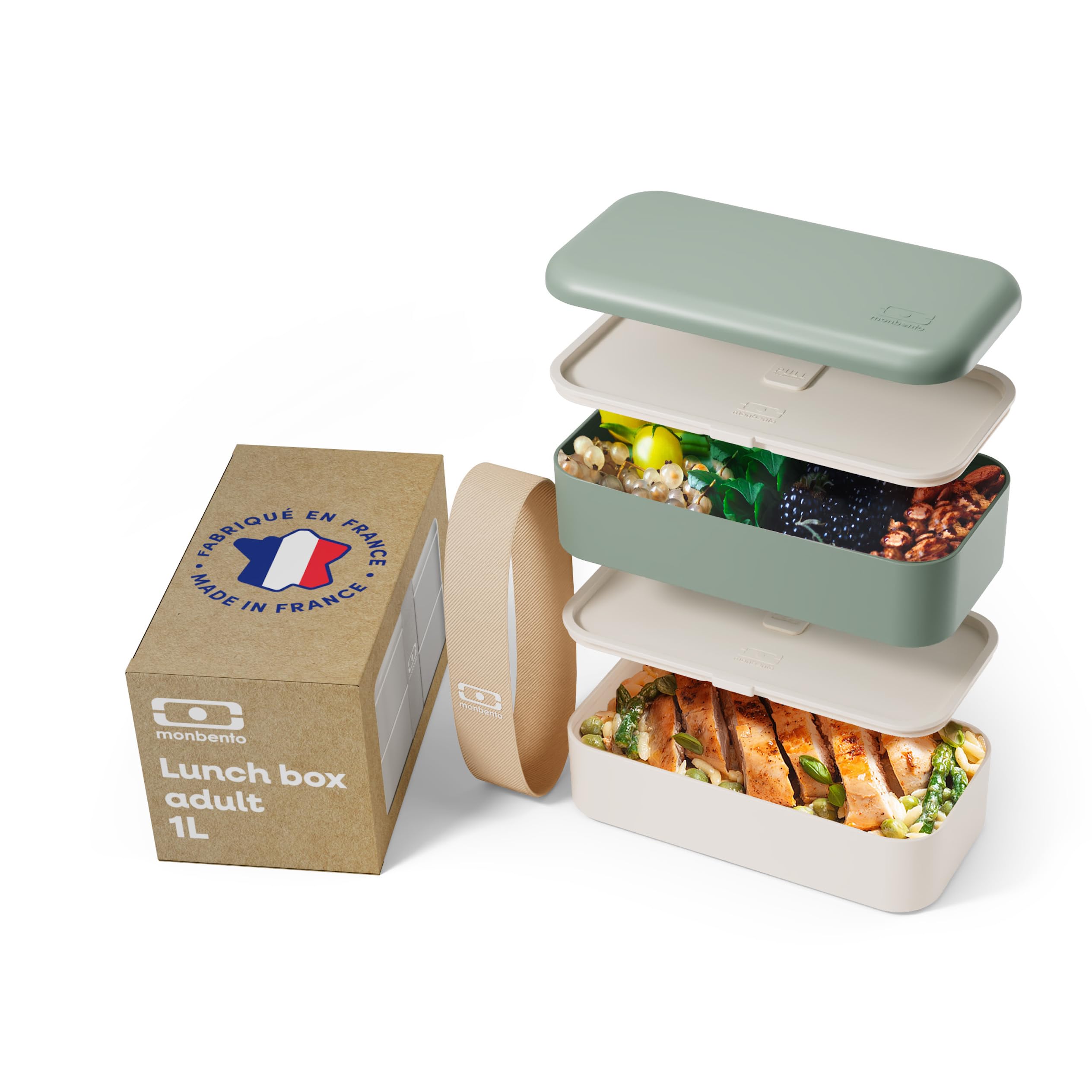 monbento - MB Original Natural green bento box - 2 tier leakproof lunch box for work/school lunch packing and meal prep - BPA free - Food grade safe food containers