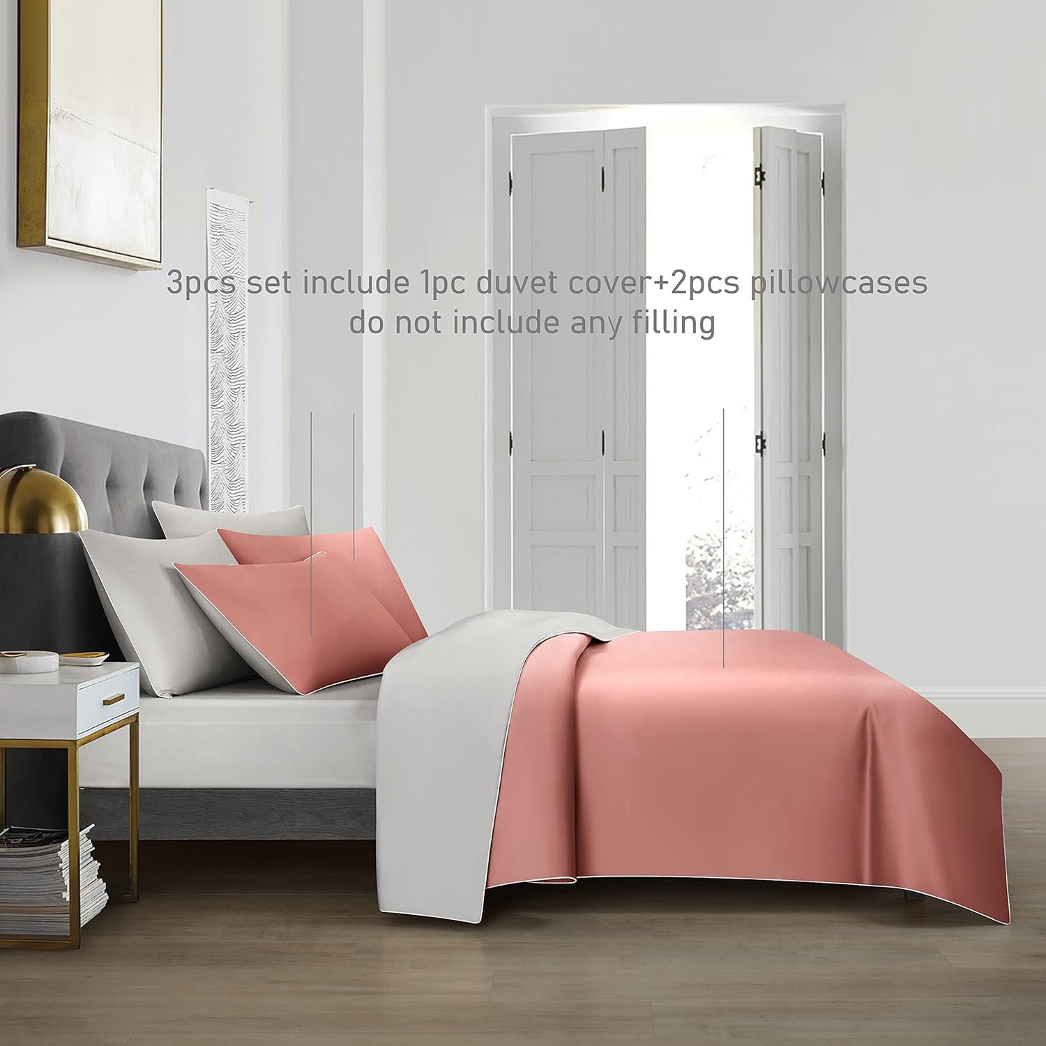 Casabolaj 3 Pieces Luxury Reversible Duvet Cover Set 800TC 100% Pima Cotton YKK Hidden Zipper Closure (Modilan Pink&Light Grey, King for 3PCS Duvet Cover Set)