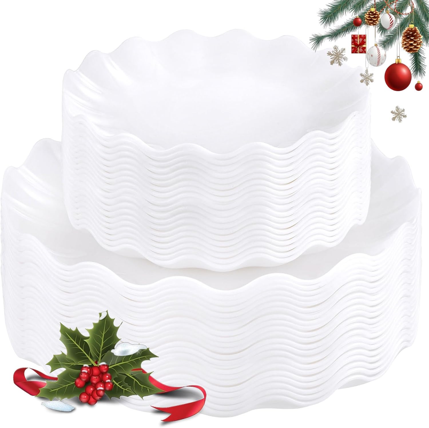 LIYH White Scalloped Plastic Plates, 50 Pcs - Reusable, Dishwasher Safe