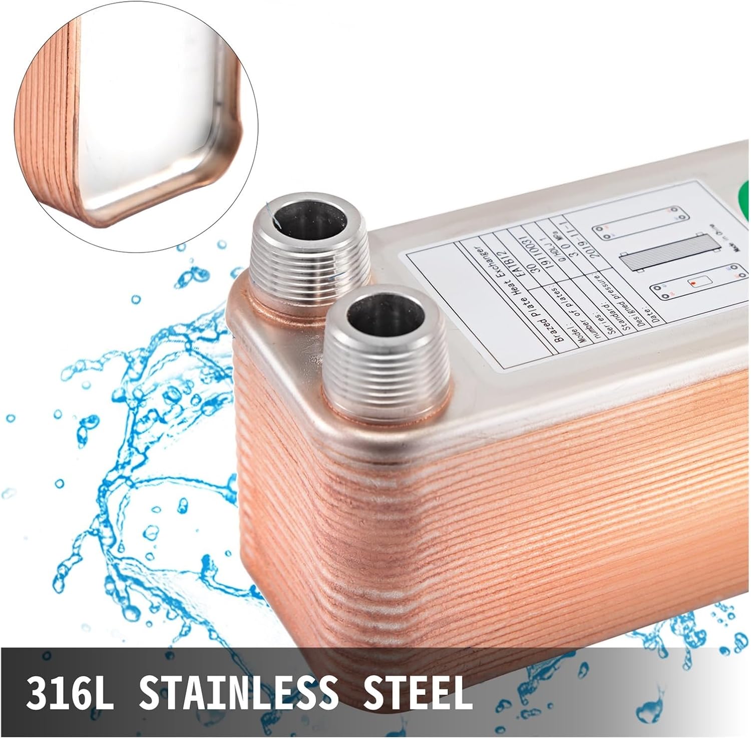 Heat Exchanger, Heat Exchanger 3"x7.5" 30 Plates Brazed 316L 3/4" MPT Heat Exchanger B12-30 Beer Wort Chiller For Hydronic Heating