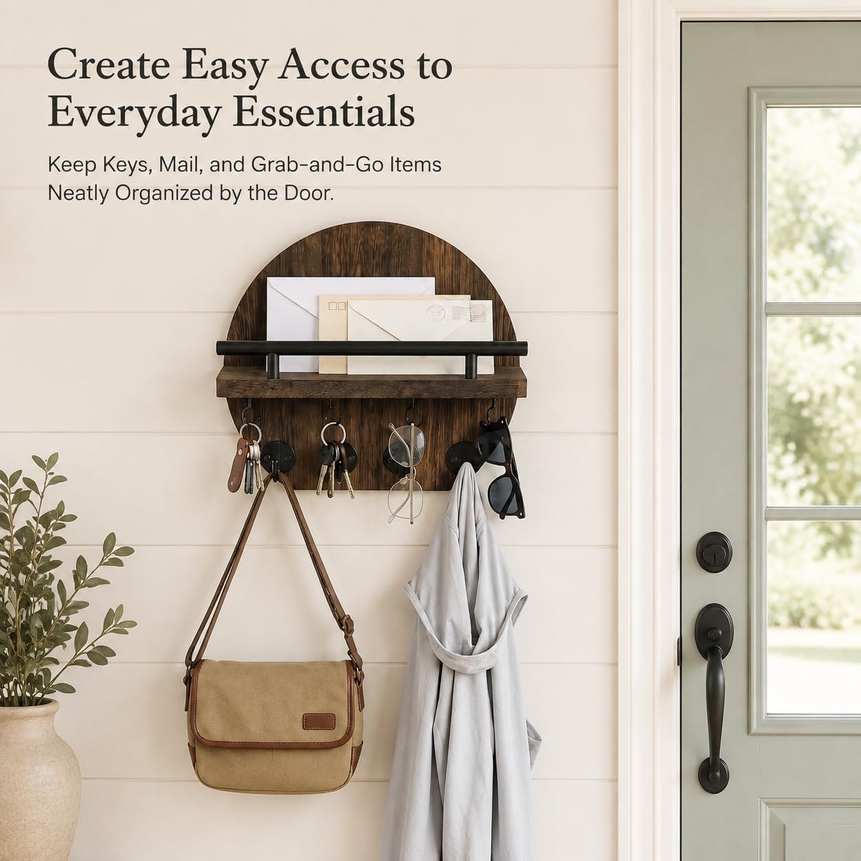 Half Round Wooden Key Holder Wall Mount with Shelf, Mail Organizer, 8 Hooks