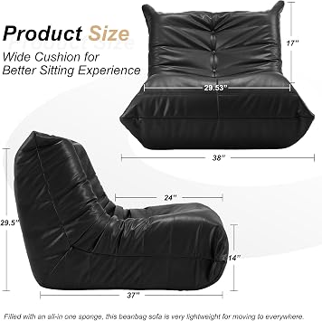 Hobestluk Bean Bag Chair Leather Togo Chair Memory Foam Living Room Adult | Medium Black,Ergonomic Design,Floor Chair,Waterproof,Easy Clean,Anti-slip Bottom,No Assembly Required,For Bedroom Reading