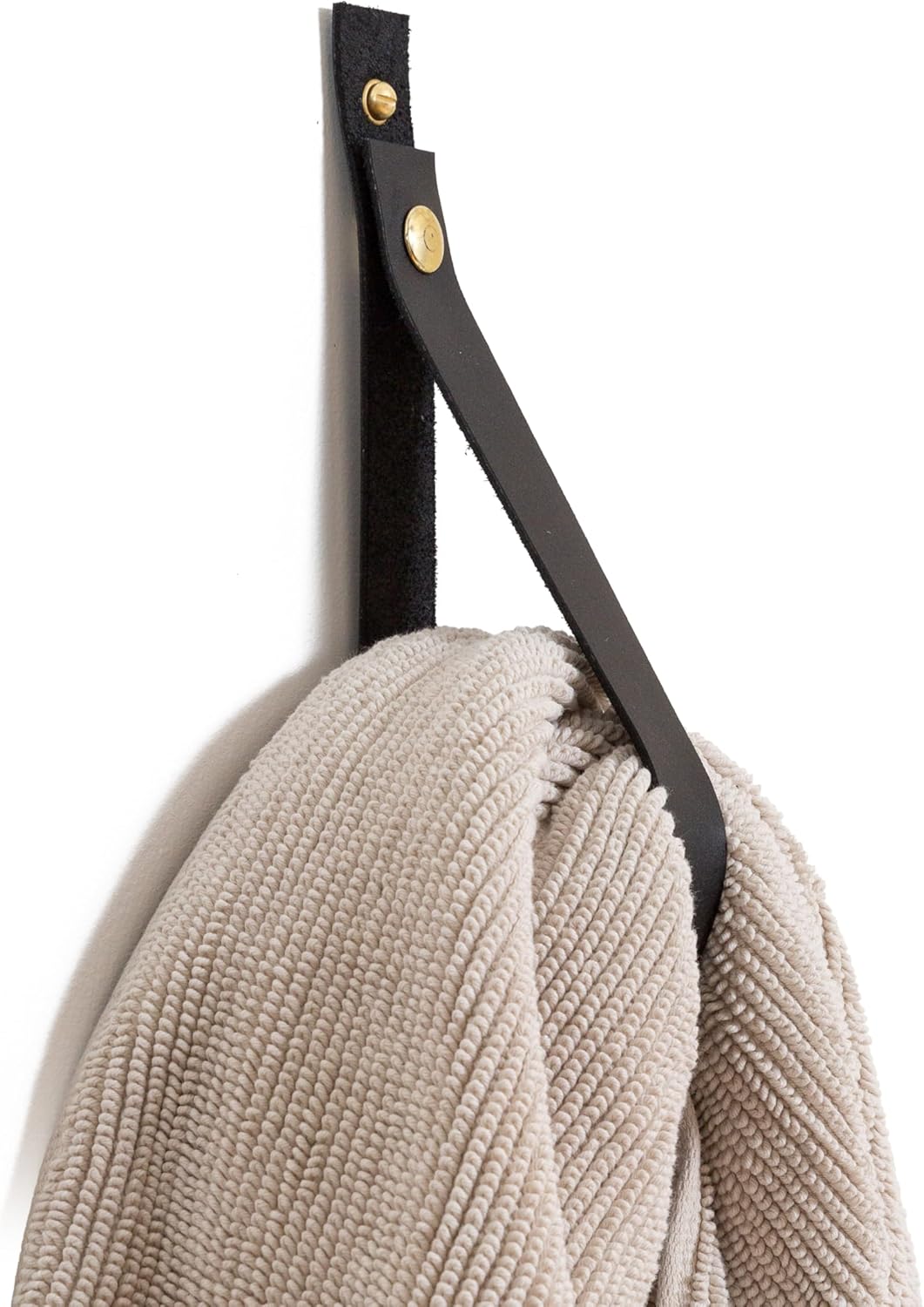 KEYAIIRA - Leather Hanger Strap with Snap That Opens & Closes - Functional Wall entryway Organizer Hook Bathroom Hand Towel Holder Brass Boho Decor Wall Towel Hanger