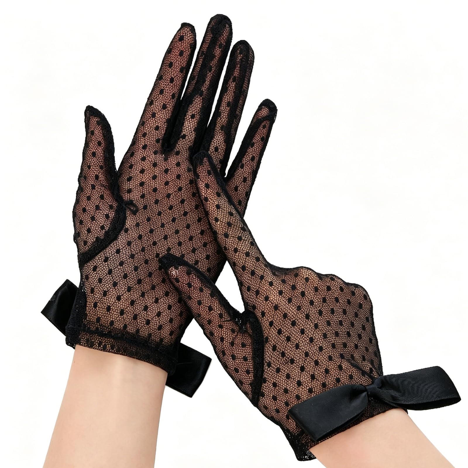 Shensuii 1 Pair Black Lace Gloves, Short Gothic Black Lace Gloves with Bow, Lace Gloves for Women, Blacks Elegant Dot Mesh Satin Design for Bridal Wedding, Tea Party, Lolita Costume