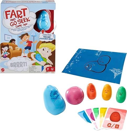 Mattel Games Fart and Go Seek - Juego de actividades para esconderse y encontrar en interiores y exteriores, con frijoles electrónicos para pedos