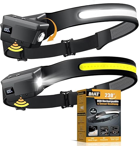 Miniatura 10 de Linterna frontal LED recargable, luz frontal de haz ancho de 230° con sensor de movimiento, rotación de 90° y luces frontales removibles