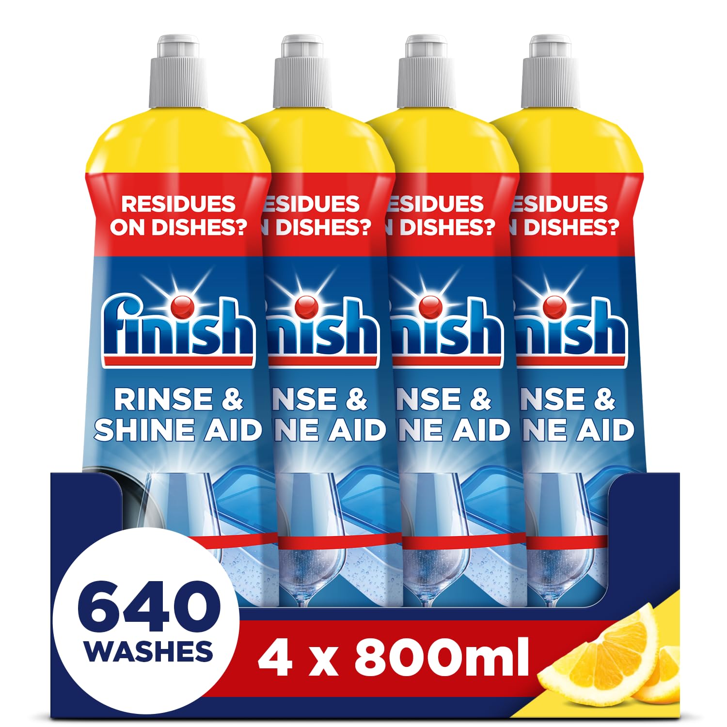Finish Lot de 4 produits de rinçage et de brillance pour lave-vaisselle, citron, 3,2 l (800 ml), Ultimate Clean & Diamond Shine, protection du verre, prévention des taches, meilleur séchage par