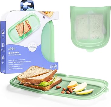 Ubbi Platemate Reusable Silicone Storage Bag, Opens Flat as Placemat, Dishwasher and Freezer-Safe, Lunch Container, Leakproof Sandwich & Snack Bag, Easy to Clean, BPA-Free, Sugar Snap Green