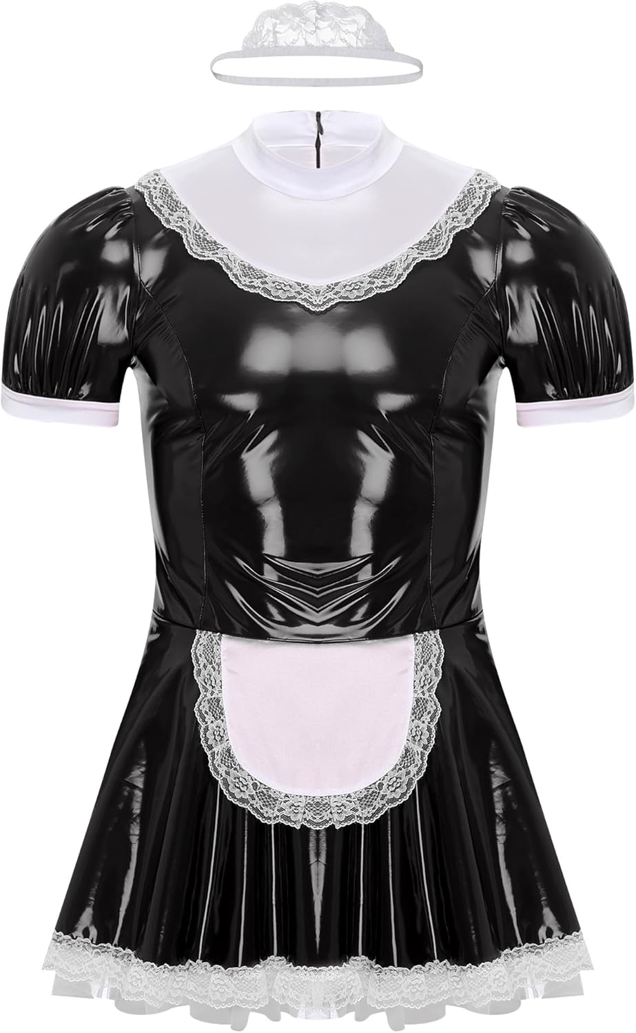 Hedmy Mens Sissy French Maid Costumes PVC Leather Puff