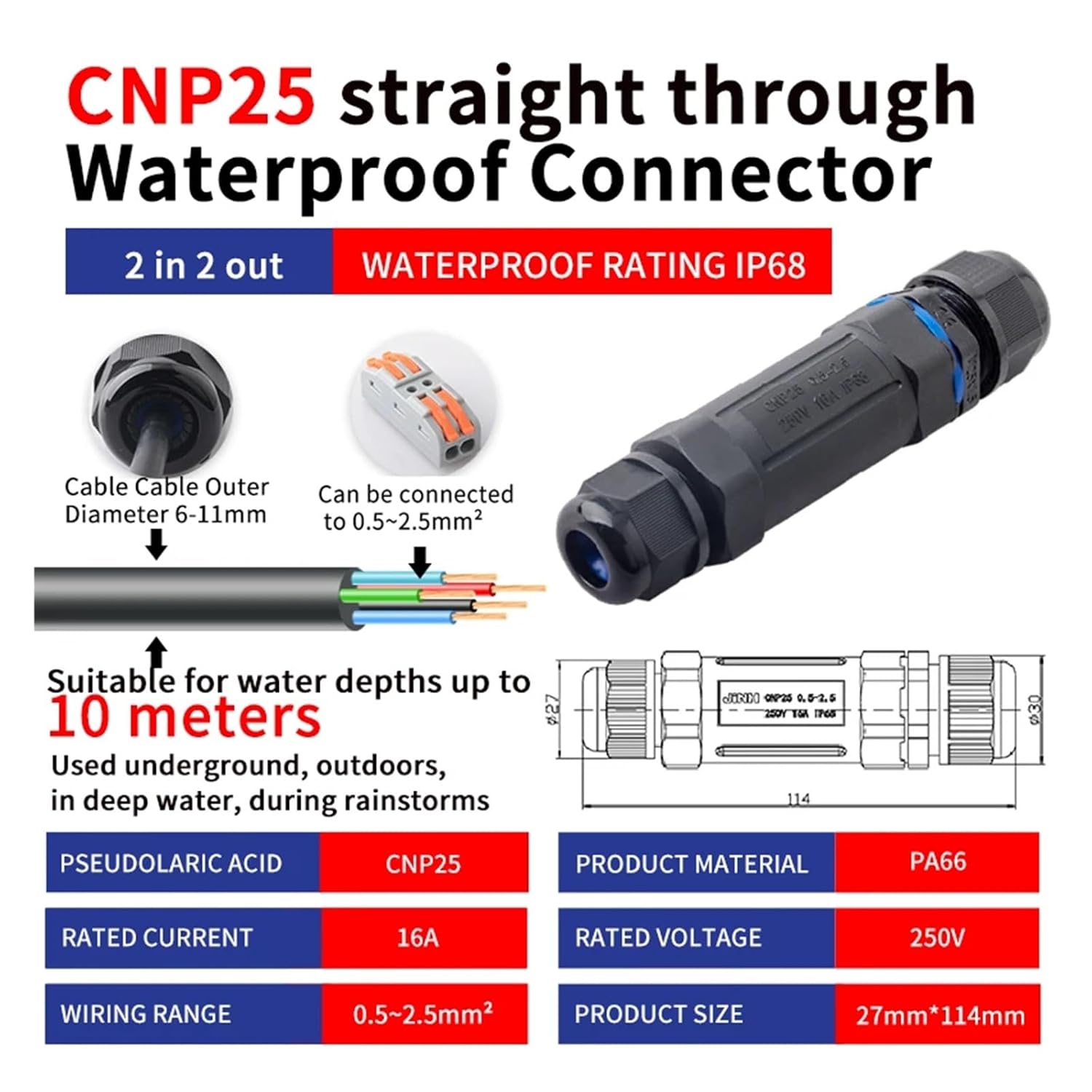 CNP25 IP68 Fast Electrical Waterproof Joint Wire Quick Connector 2/3 Pin Light Outdoor Rainproof Terminal Blocks AWG 28-11(CNP25-2P)