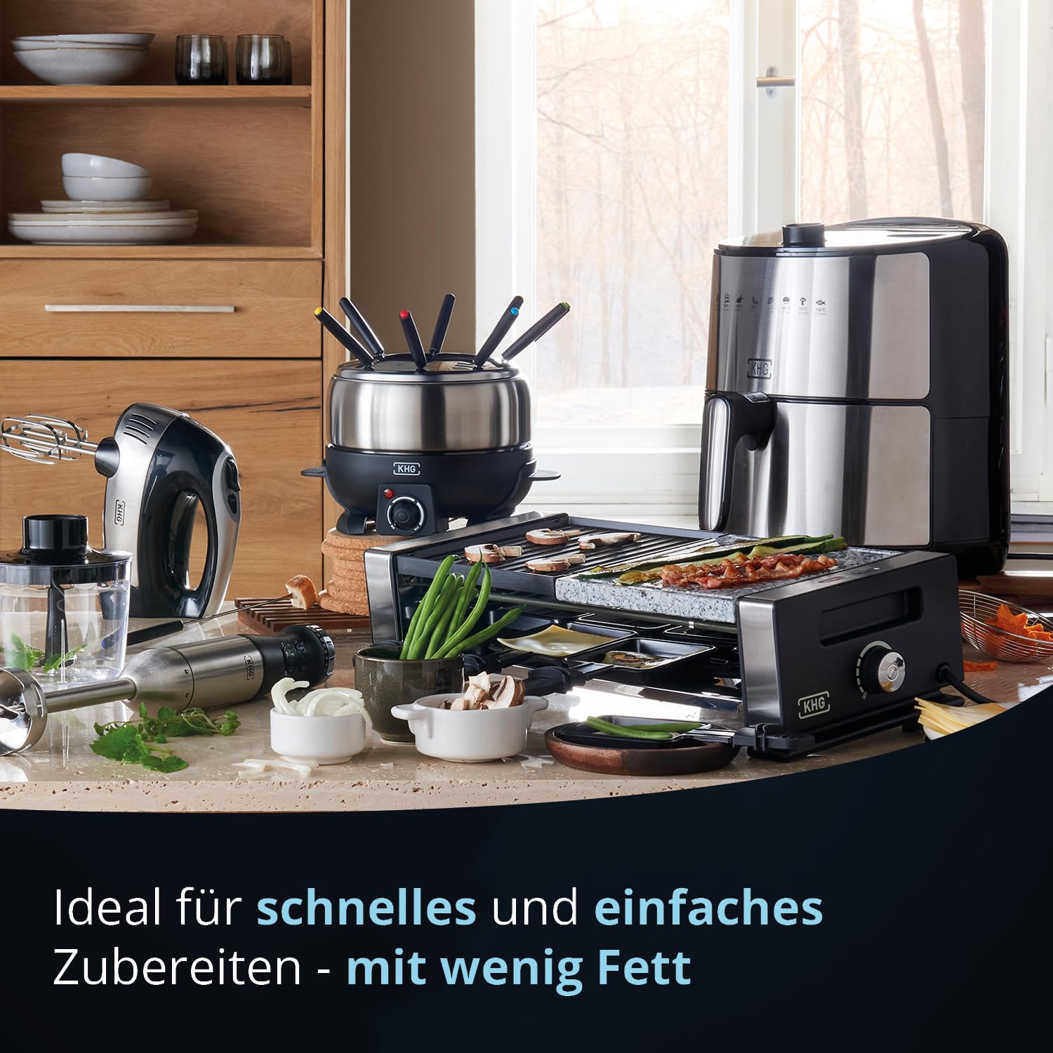 KHG Heißluft-Fritteuse Airfryer HLF-3200 silber 3,2 Liter herausnehmbarer Frittierkorb 1500 Watt Timer LED Anzeige
