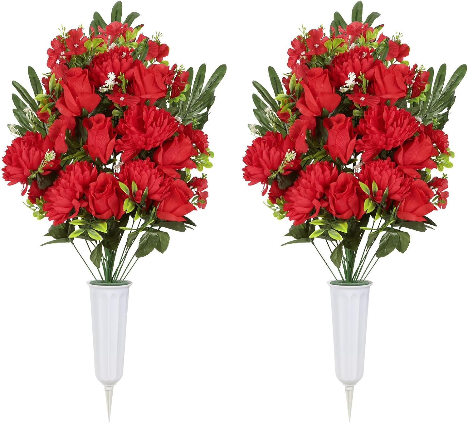 2PCS Artificial Pink Cemetery Flowers, Mixed Chrysanthemum and Peony Flower Bouquets, Cemetery Flowers with Vase for Memorial Day Funeral Floral Arrangements,Headstone Decorations (Pink)