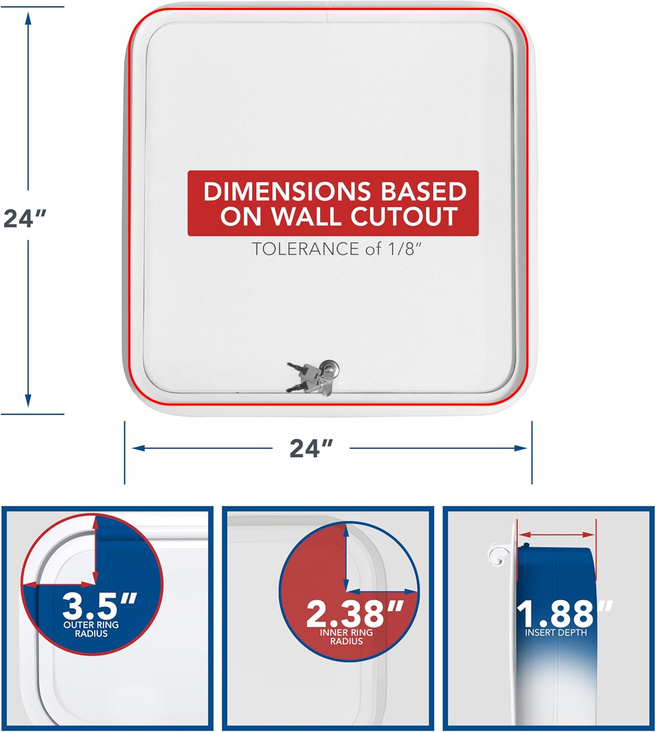 RV Baggage Door 24" Wide X 24" High with Rounded Corners and Keylock for RV's- Compartment Access Storage Doors with Top Hinge- Camper Trailer Motor Home- White