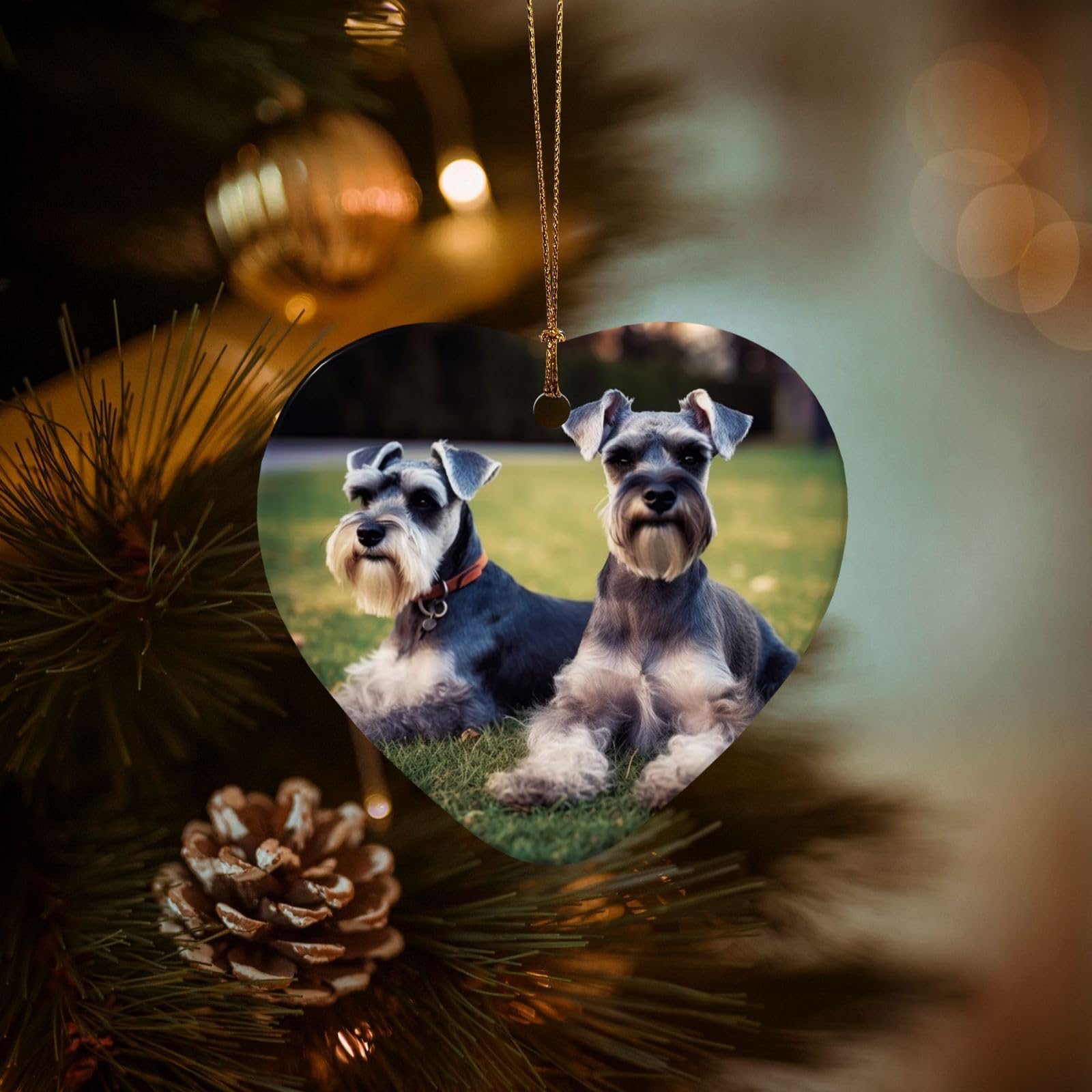 Christmas Ornaments for Christmas Tree Decoration Hanging Adult Schnauzer Dogs Ornament with Gold Ribbon Crafts Heart Shape Ceramic Pendant for Keepsake Gifts Xmas Decor Party Supplies