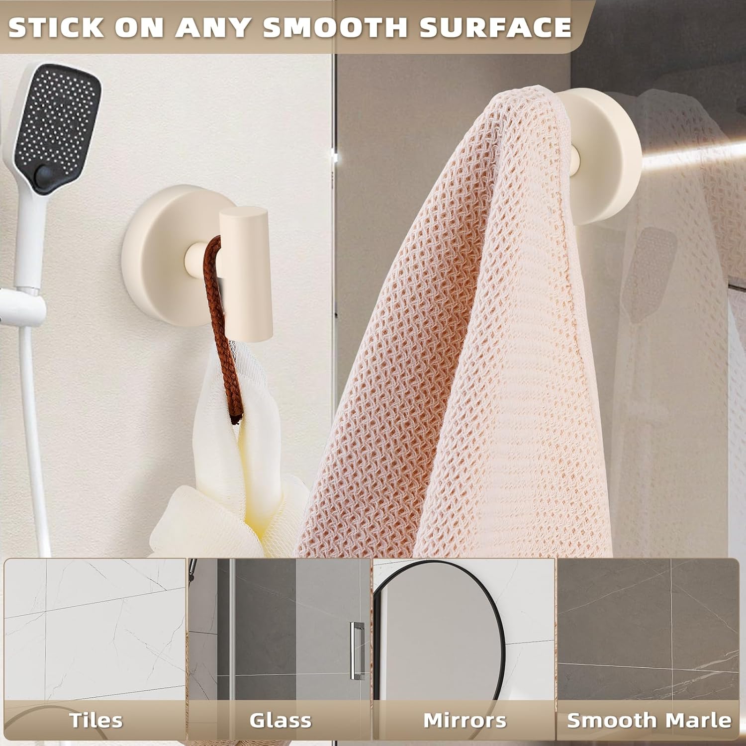Suction Cup Hooks for Shower - Bathroom Reusable Hooks for Towels, Robes & Loofah - No-Drill Mounting on Kitchen,Walls,Metal,Glass,Mirrors,Tile & Smooth Non-Porous Surfaces (2, Milk White)
