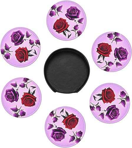 Miniatura 7 de Red and Purple Roses Fashionable Printed Leather Coaster Set,A Set of 6 Pieces,4 Inches in Diameter,Adding an Artistic Atmosphere to Your Desktop