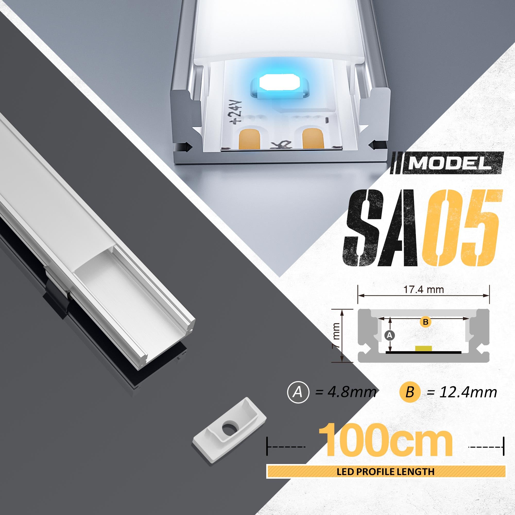 GEEKLUX 10x Profili LED a U in Alluminio 1 Metri (10m Totali) per Strisce Led, Canalina Led con Copertura Opaca, Ingombro Max Striscia Led 12 mm - Dimensione Profilo Led 17.4 x 7 mm