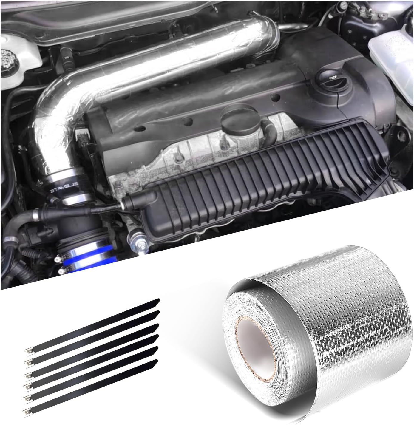 Heat Shield Reflective Tape, 2"×16.4 FT Self-Adhesive Backed Heat Insulation Tape Roll with Zip Ties, Thermal Barrier Wrap Roll Cool Tapes for Car Intake Pipe Engine Bay (Silver, 16.4 FT)