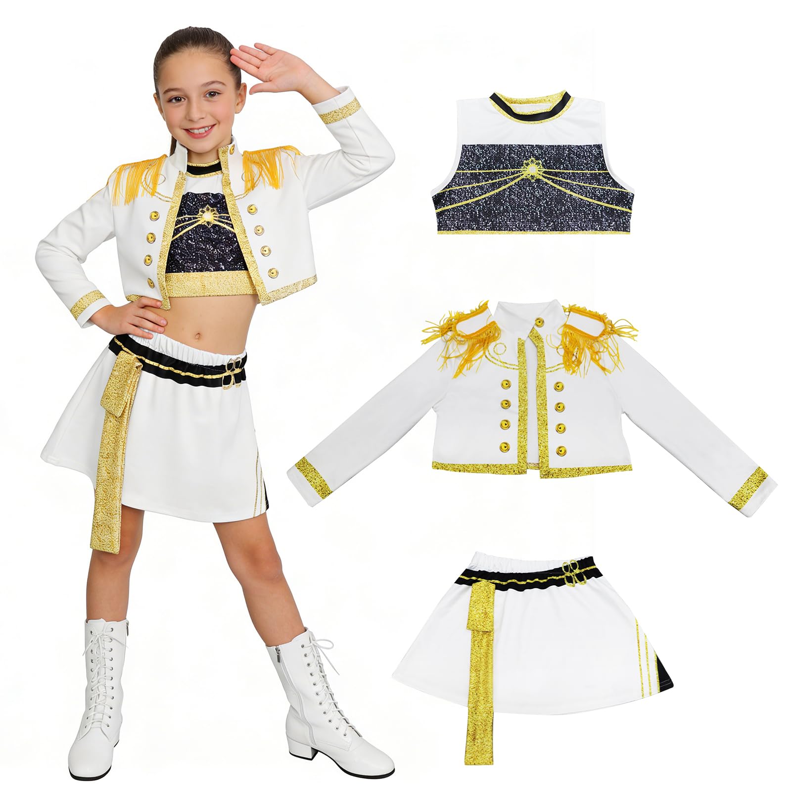 Oirigaga Korean Pop Idol Kostüm Kinder Mädchen, Huntrix Cosplay Set mit Jacke Tanktop Minirock, Anime Hunter-Stil Verkleidung für Karneval Fasching und Kinderrollenspiele Geburtstagsparty, 6-7 Jahre