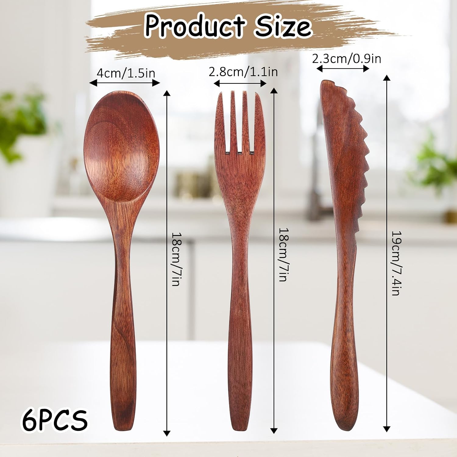 Reusable Wooden Cutlery Set, 6 Pcs Natural Wood Utensils for Eating with Spoon Fork Knife, Eco-Friendly for Travel & Camping (Brown)