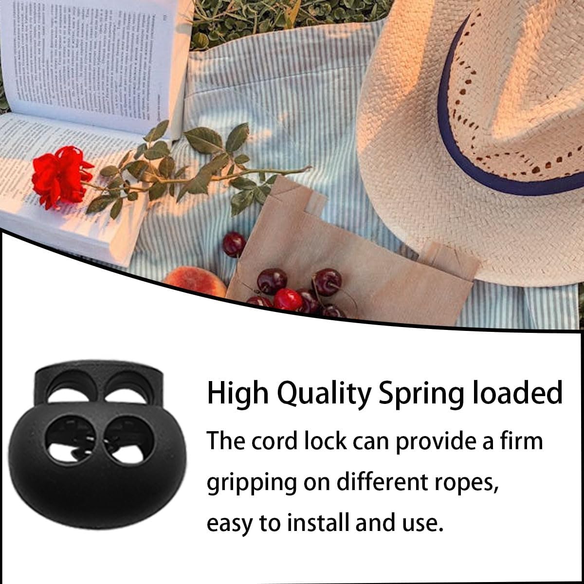 30pcs Double-Hole Spring Cord Locks, Plastic Cord Stoppers for Drawstrings, Backpacks, Hoodies, Lanyards (Black, 21.5mm x 22.5mm)