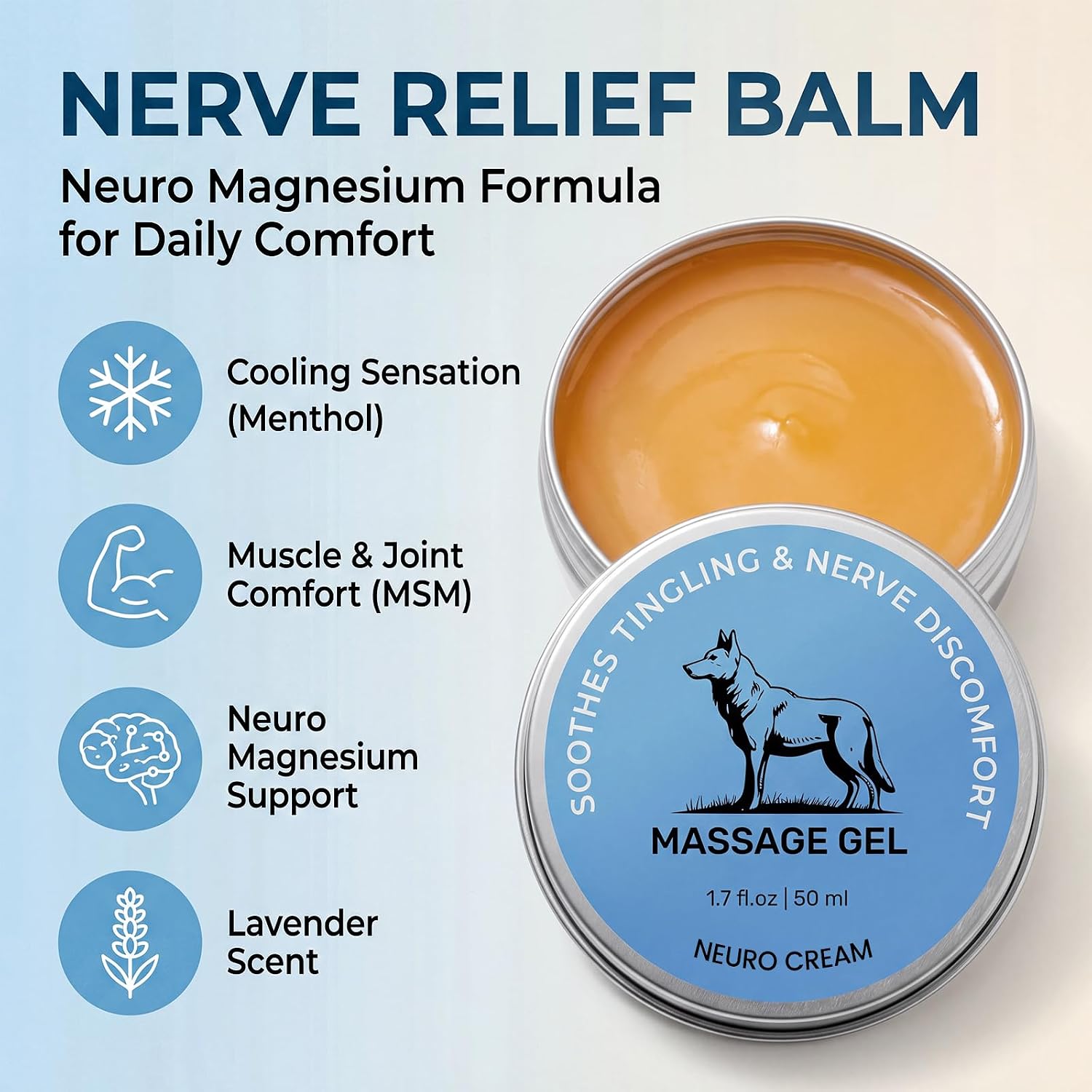 Nerve Relief Balm for Neuropathy, Neuro Magnesium Cream with Menthol & MSM, Cooling Soothing Massage Cream for Muscle & Joint Comfort with Blue Lid (1.7 Fl Oz (Pack of 2))